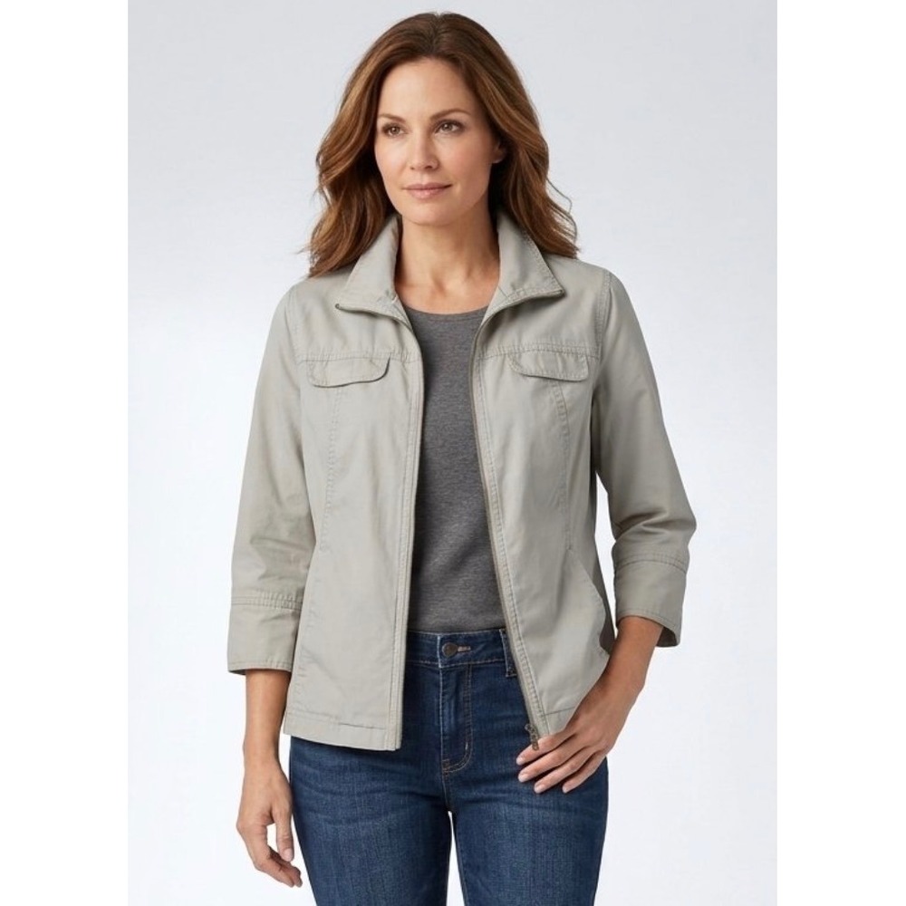 Coldwater Creek Womens Khaki Beige 100% Cotton Zip Utility Jacket Size L 14